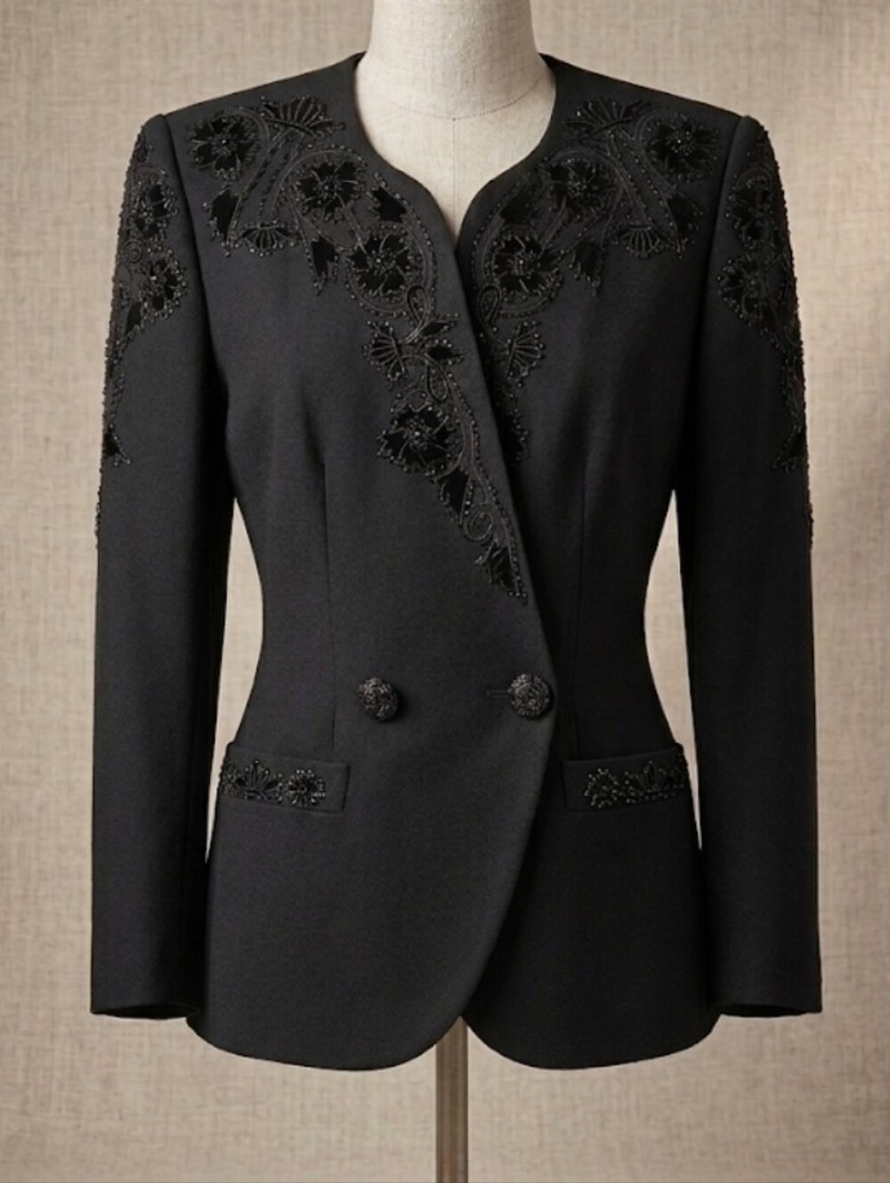 Vintage John Meyer of Norwich Black Wool Beaded Evening Blazer Jacket Petite 4P